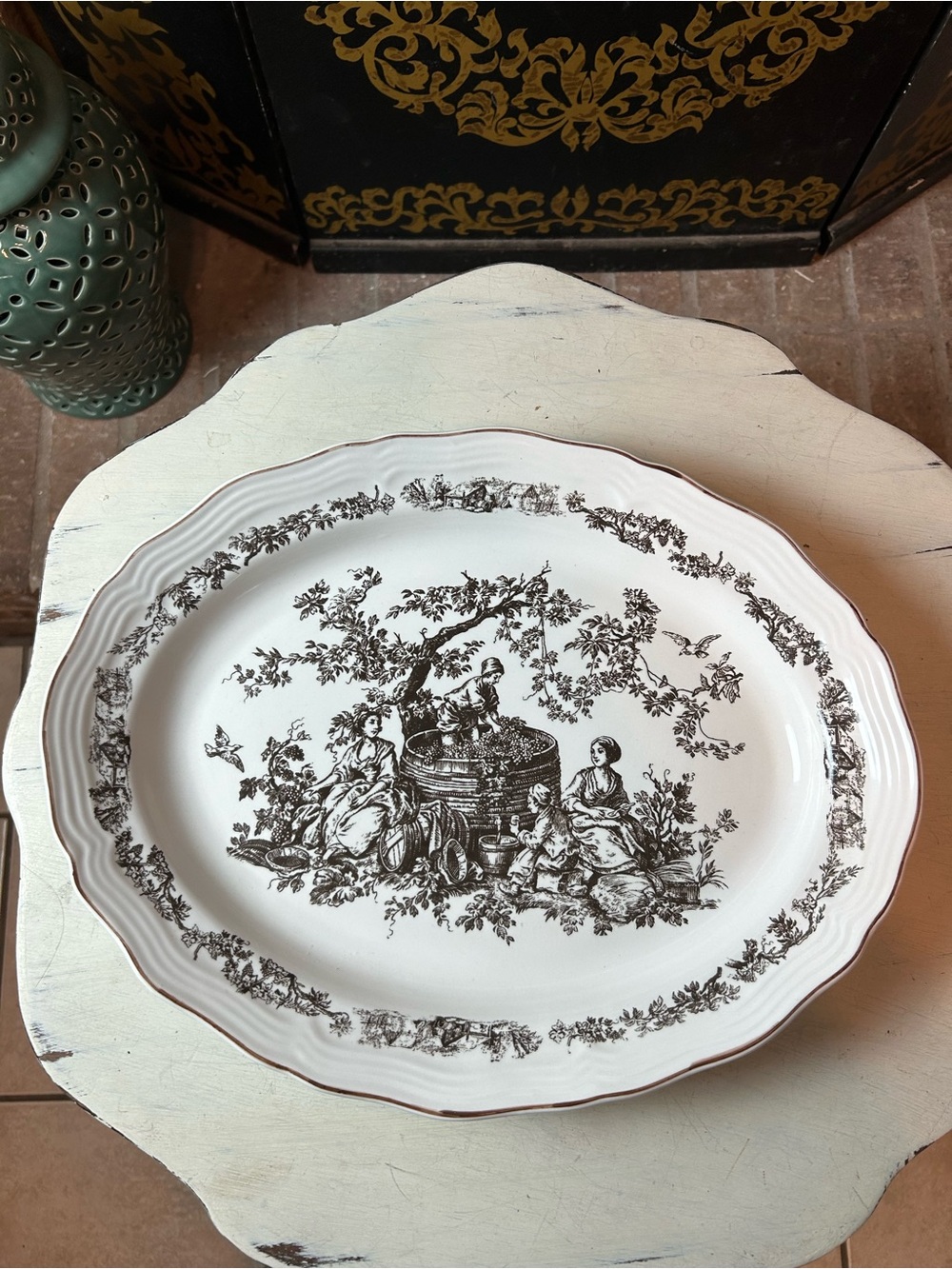 TABLETOPS UNLIMITED New England Toile White Black Oval Serving Platter Vintage